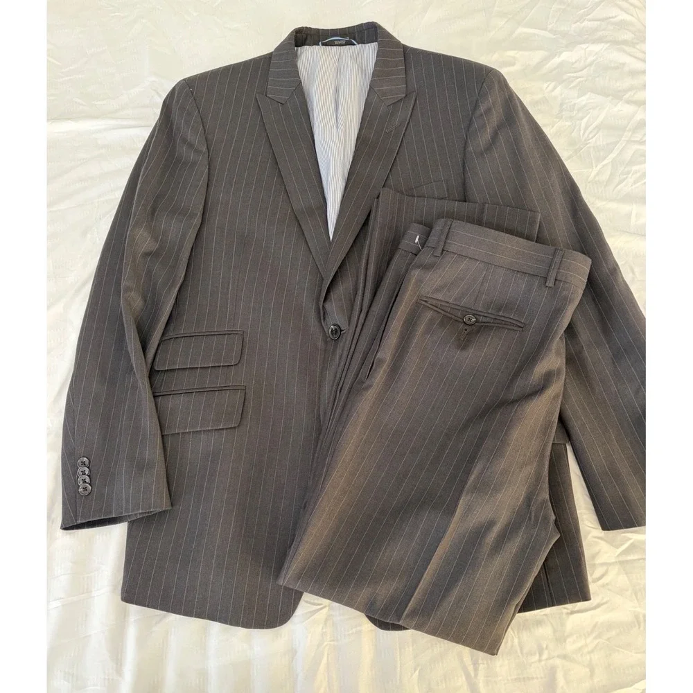 Tommy Hilfiger Mens 100% Wool Pinstripe Suit Charcoal Grey 2 Piece Blazer Pants